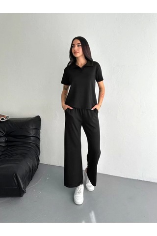 Mzpkartan Osy Modal Yumuşak Dokulu Kumaş Kısa Kollu Yakalı T-shirt Pantalon İkili Takım- Siyah Siyah