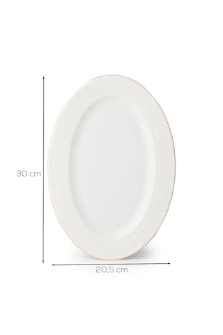 Porsima 4455 Burçak Porselen Altın Fileli Kayık Tabak Seti - Oval Kahvaltılık Sunumluk Seti 30cm Beyaz