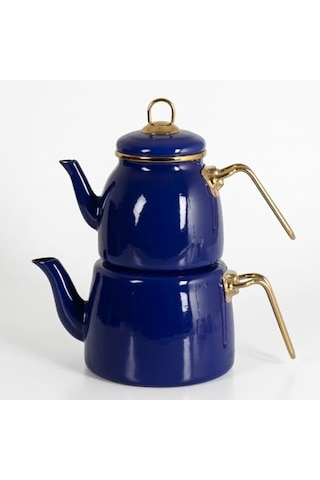 İçten Kaplamalı Emaye Çaydanlık Takımı - Gold Detaylı Nostaljik Alt Üst Çay Seti 1.2 Litre + 2 Litre - 3 Renk Seçeneği Mavi