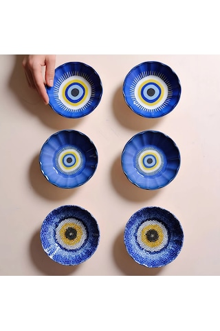 Fecra Acem 6'lı Nazarı Çay Tabağı Seti Karma Mavi
