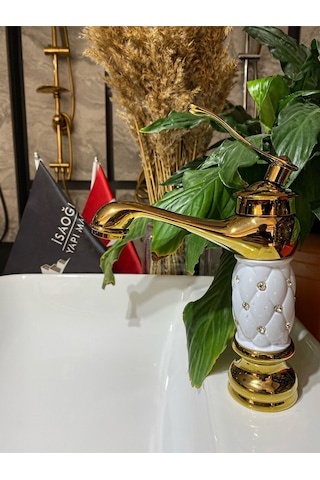 İsaoğlu Yapı Gold Lavabo Bataryası Altın Lavabo Musluk Taşlı Özel Tasarım Altın Batarya Gold