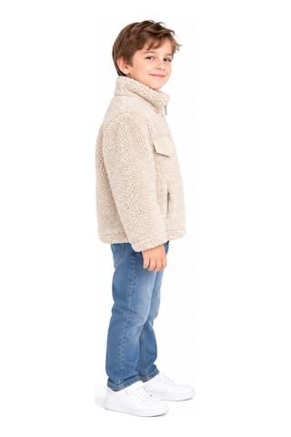 Mavi Boncukk Çocuk Unisex Peluş Welsoft Fermuarlı Kapüşonlu Ve Dik Yaka Polar Mont Ceket Krem