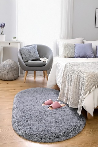 Gri Oval Post Halı Kesme Yolluk Peluş Yumuşak Kaymaz Dot Taban
