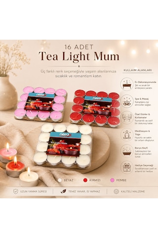 16 Parça Kırmızı Tea Light Yuvarlak Mum
