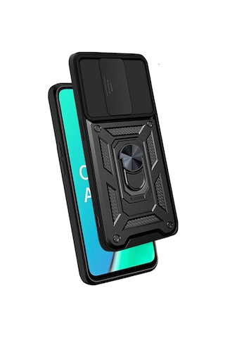 Oppo A5 2020 Kılıf Magnetik Standlı Kamera Korumalı Zore Sürgülü Vega Kapak Mavi