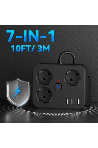 Xuweiwei 7si 1 Arada Güç Şeridi 3 Ac 3 Usb 1 Tipc Aşırı Yük Korumalı Duvara Monte Siyah 3.05 Metre Uzatma Kablosu Ev Ofis Seyahat