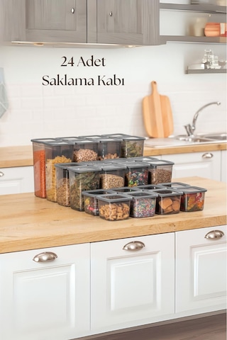 24'lü 3 Boy Kavanoz Seti & Saklama Kabı & Erzak Kabı 8x650/1300/1900 Ml 40 Lı Etiket Hediyeli Antrasit