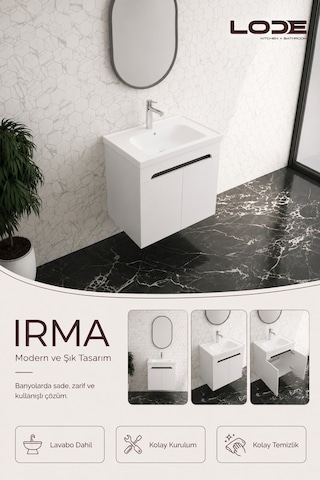 Lode Bath Irma Serisi Lavabolu Alt Banyo Dolabı, Kapaklı Banyo Alt Dolabı,seramik Lavabo Dahil 60 Cm Matbeyaz