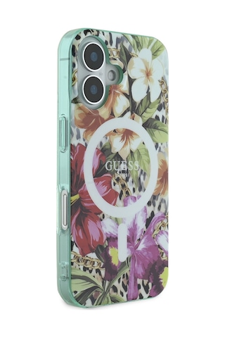 Apple Uyumlu iPhone 16 Kılıf Guess Lisanslı Magsafe Şarj Özellikli Iml Baskılı Jungle Ring Yeşil