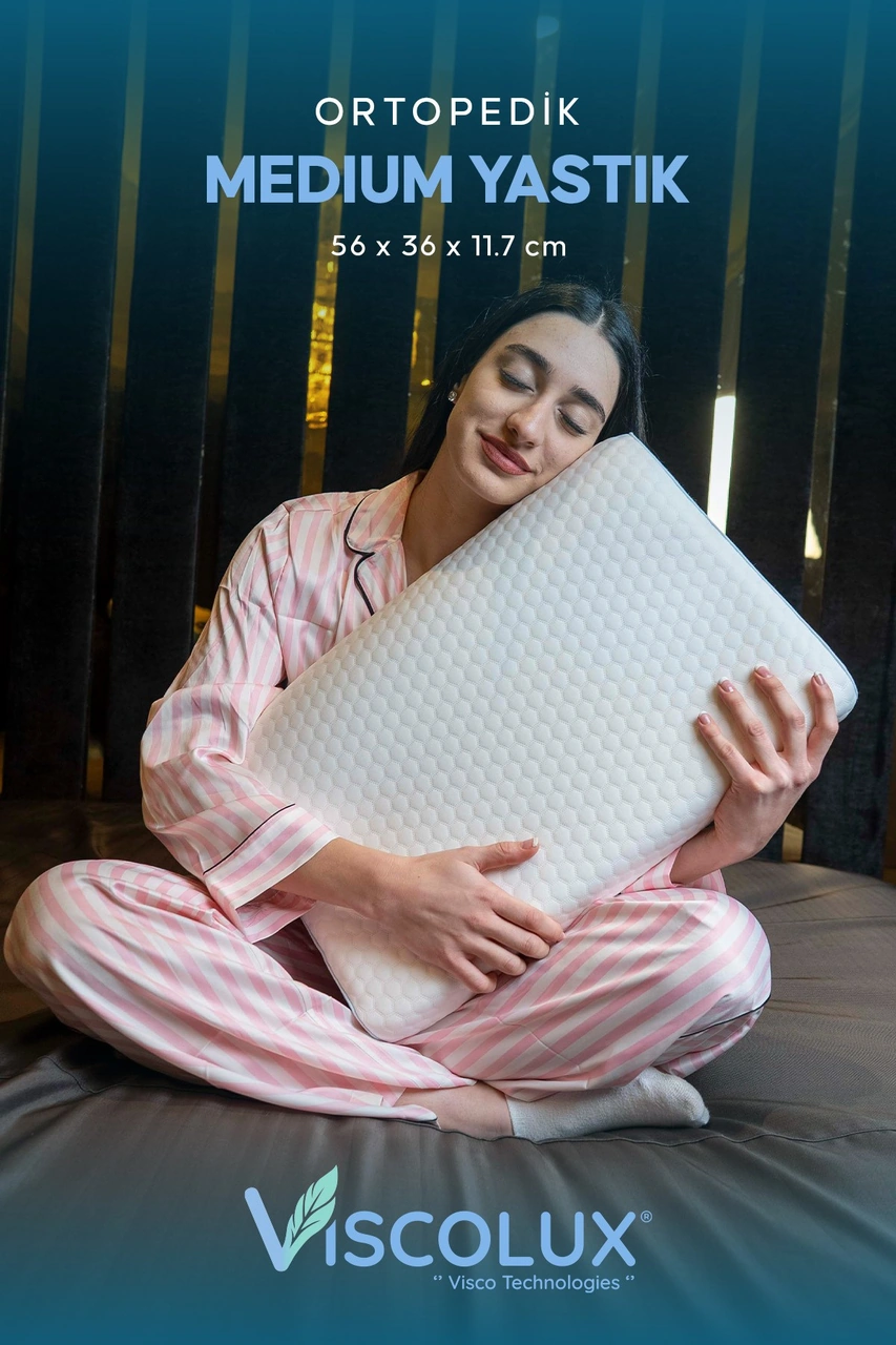 Medium Boy Ortopedik Yastık - Boyun Destekli Visco Yastık 56x36x11/7 Mavi