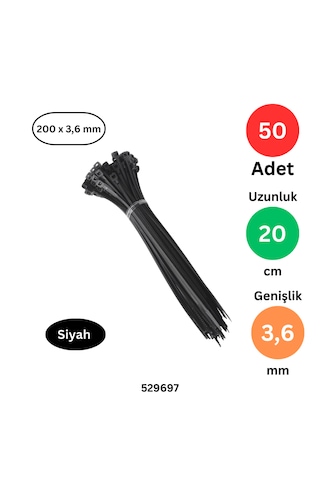 Plastik Kablo Bağı Klipsi Cırt Kelepçe 200 X 3.6 Siyah 50 Adet Siyah