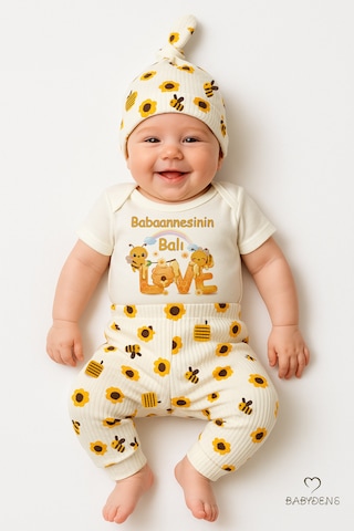 Babyden's 3 Lü Yenidoğan Takım Babaannesinin Balı Baskı Kısa Kol Body Arı Çiçek Desenli Ribana Pantolon Bere Ekru