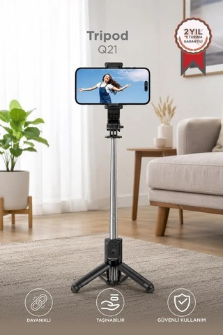 Mobil Ekipman Telefon Aygıtı Video Aparatı Tripod Çok Amaçlı Entegre Selfie Çubuğu Q21 Siyah
