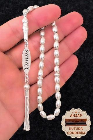 İsimli Gümüş Tesbih Arpa Kesim İsim Yazılan Gümüş Tesbih 925 Ayar St387 Beyaz