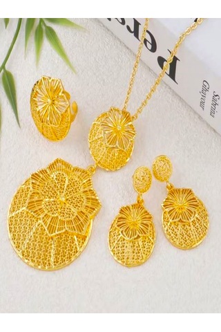 24k Altın Kaplama Etnik Çiçek Kolye Küpe Ve Yüzük Takı Seti Altın