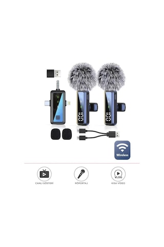 H68 Type-c + Lightning + Aux 2li 3in1 Kablosuz Yaka Mikrofonu