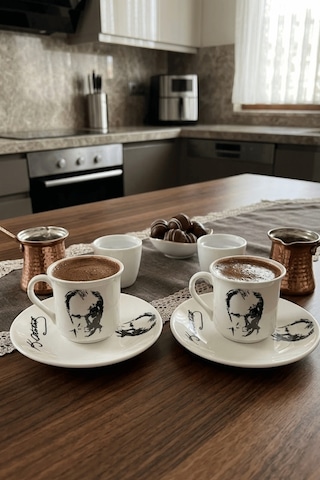 2'li Atatürk Silüet Ve İmzalı Kahve Fincanı Seti - Baskılı Fincan Takımı Beyaz