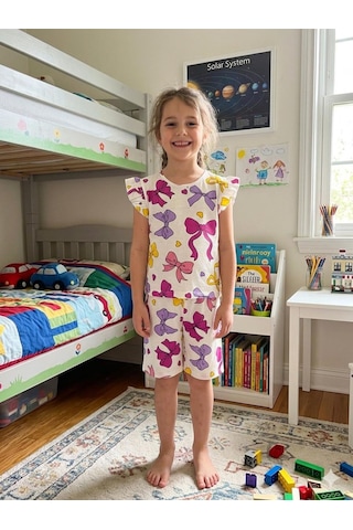 Aliş Kids Kız Çocuk Pamuklu Beyaz Kurdele Desenli Kolları Fırfırlı Şortlu Yazlık Pijama Takımı