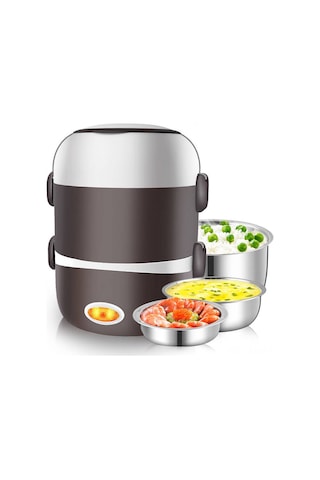 Moveevo Stoksel Çelik Isıtmalı Termos Lunch Kutusu - 2 Kişilik Pişirme Isıtma Fonksiyonu - 220v Avrupa Şarjı - Ofis Çalışanları İçin Isı Tutucu Yemek Kutusu Açık Kahverengi