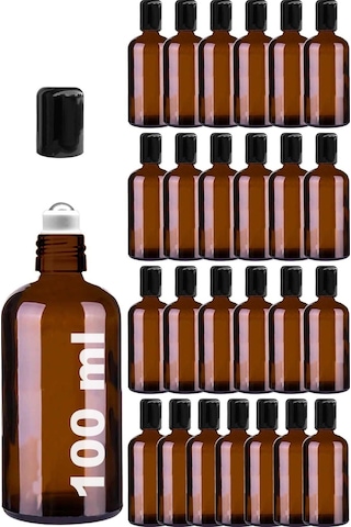 Çelik Roll On Şişesi 100 ML Sızdırmaz Siyah Kapaklı Amber Cam Şişe 25 Adet