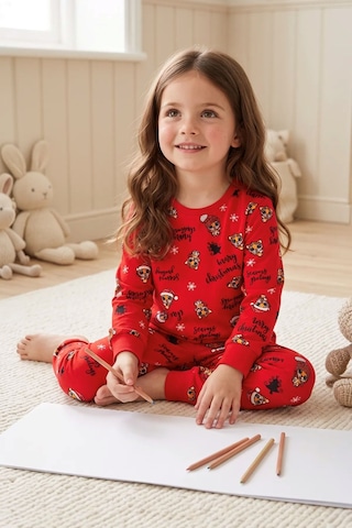 Zuzunga Kız Çocuk Yılbaşı Temalı Tiger Desenli Uzun Kollu Pijama Takımı Kırmızı