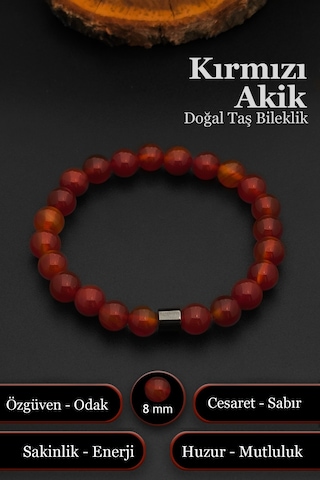 Doğal Taş Akik Bileklik Kadın Erkek Akik Bileklik 8 Mm Bt027 Kırmızı