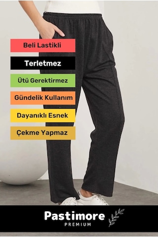 Yeni Sezon Terletmez Rahat Kalıp Beli Lastikli Bol Paça Salaş Yandan Cepli Ecrin Yünlü Pantolon Siyah