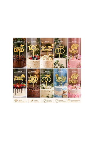 Gümüş-gold Renk Seçenekli Akrilik Pasta Süsü 10 Model Seçenekli 14-15 Cm Doğum Günü Nişan Düğün Baby Shower Pasta Dekoru