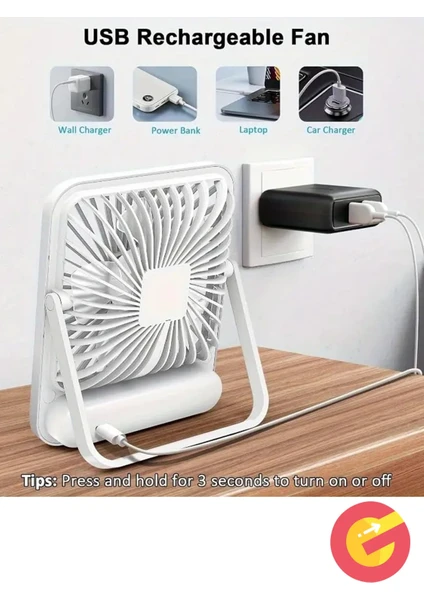 Güncelçarşı Şarjlı Sessiz Mini Fan Vantilatör, 1 Adet, 180 Ayarlanabilir, 5 Hız, Led Göstergeli, Type-c Şarj