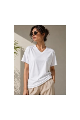 Butik İstanbul V Yaka Basic Tişört Kısa Kol Yazlık Regular Fit T-shirt - Beyaz