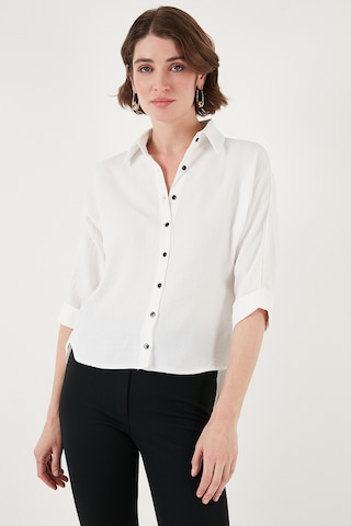 Lela Oversize Fit Önü Kısa Arkası Uzun Truvakar Kol Bayan Gömlek 5866116 Beyaz