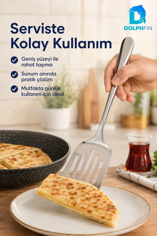 26 Cm Paslanmaz Çelik Delikli Servis Spatulası Uzun Saplı Geniş Yüzeyli Gümüş