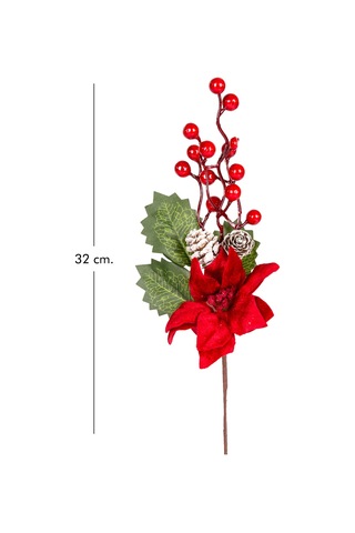 Yılbaşı Çiçeği Pike Berry Puansetyalı Karlı Kozalaklı Kırmızı-yeşil 30 Cm.