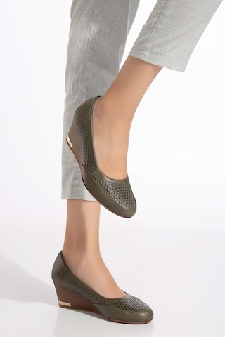 Analin Shoes Kadın Hakiki Deri Petek Baskılı Dolgu Topuklu Ayakkabı Dark Olive
