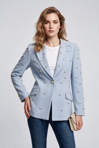 Clio Novier Kadın Çentikli Yaka İnci İşlemeli Uzun Kollu Blazer Ceket 25y2252 Mavi