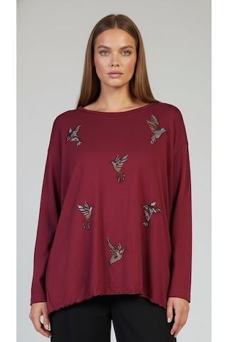 Taş Desenli Uzun Kollu Bambu Viskon Kumaş Bluz Bordo