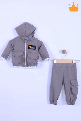 Babyhola Bayramlık 3'lü Kapşonlu Hırka Badi Pantolon Erkek Bebek Çocuk Alt Üst Takım Gri