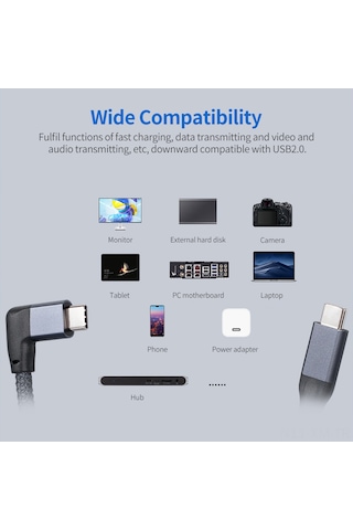 Ximistore9 Gri 0.5m Usb3.2 Type-c Erkek-erkek Döner Kablosu: Pd100w Hızlı Şarj, 4k Ses-video Ve 20gbps Aktarım, Thunderbolt3 Uyumlu