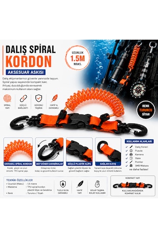 Dalış Spiral Kordon Emniyet İpi Karabinalı Aksesusar Askısı Turuncu Siyah - Turuncu
