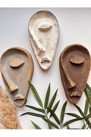 Özel Tasarım El Yapımı Heykel Soyut Yarım Yüz Maske 3'lü Set, Duvar Dekor, Modern Ev Ve Ofis Dekoru