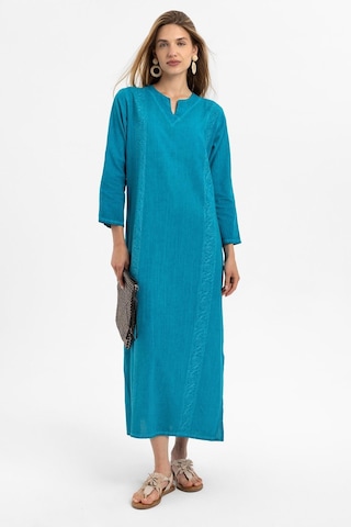 Turkuaz İşlemeli Uzun Kollu Astarsız Pamuklu Uzun Elbise-turkuaz Turkuaz