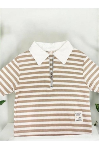 Zekids Kız Çocuk Polo Yaka Çizgili T-shirt-14393 Vizon