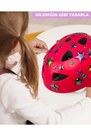 Pembe Çocuk Kaskı Yıldızlar Ve Harfler Stickerlı Spor Koruyucu Kask Pembe Dizlik Dirseklik Seti Pembe