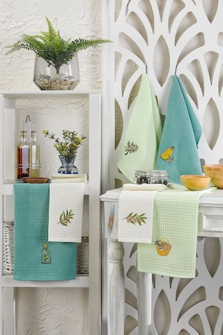 6lı Kurulama Peçetesi Nakışlı 40x60 Zeytin Yeşil-beyaz