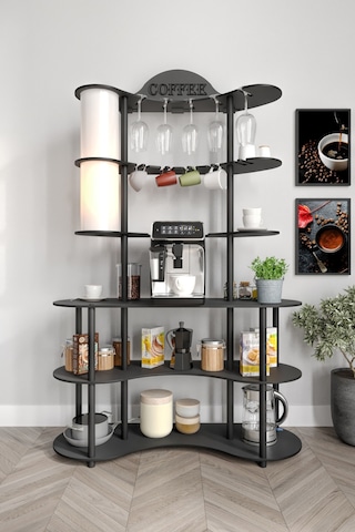 Brew-blıss Mutlu Kahve Köşesi-çok Amaçlı Mutfak Rafı Siyah-lambader Aydınlatmalı Siyah