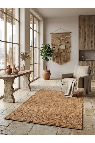 Hbs Art Design Doğal Dokuma Jüt Halı - El Örgüsü Dekoratif Hasır Kilim Açık Kahverengi