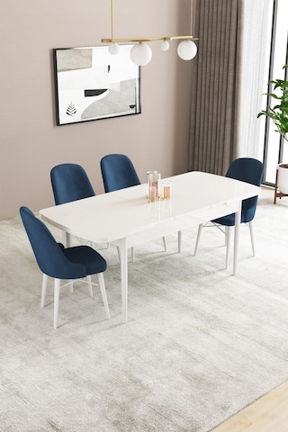 Sar Pakete Almira Serisi, Beyaz 80x132 Açılabilir Mdf Mutfak Masası Takımı 4 Adet Sandalye Lacivert