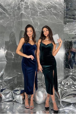 Dip Moda Kadın Kadife Taş İşlemeli Abiye Elbise Dpnbemp2554 Yeşil