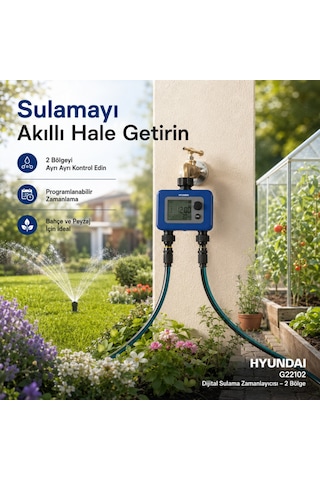 Hyundai G22102 Dijital Sulama Zamanlayıcısı 2 Bölge 2 Çıkışlı Bahçe Sulama Timer