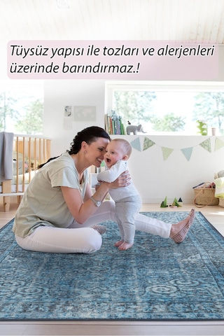 Foldy Eskitme Desenli Dokuma Taban Dekoratif Mavi Halı Fl 30 Mavi 2